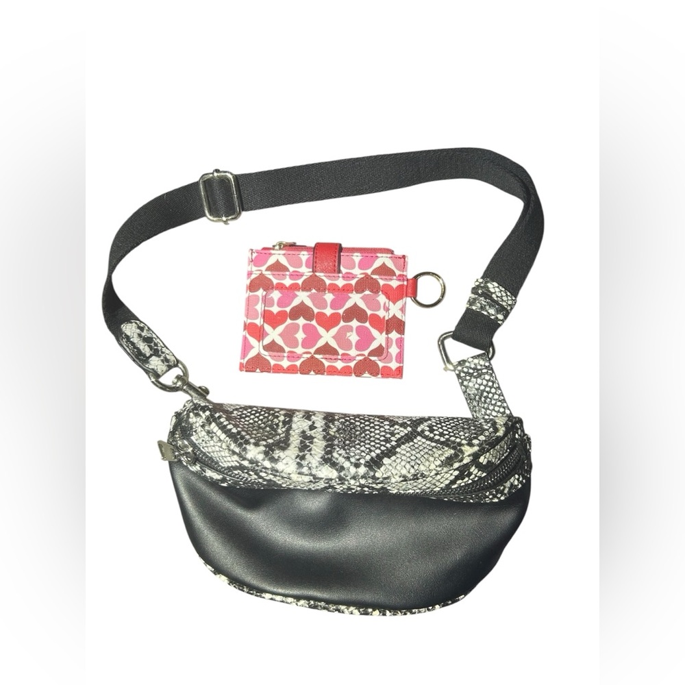 Black Faux Leather & Snake-Print Belt Bag with Pink Heart Id Wallet NWOT